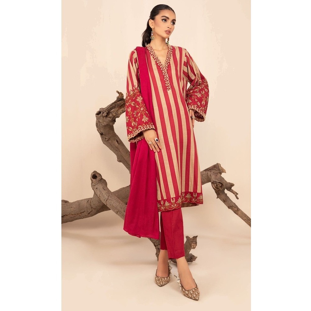 Maria B Tunic Kurta Women Small Red Tan Striped Embroidered Side Slits Bollywood
